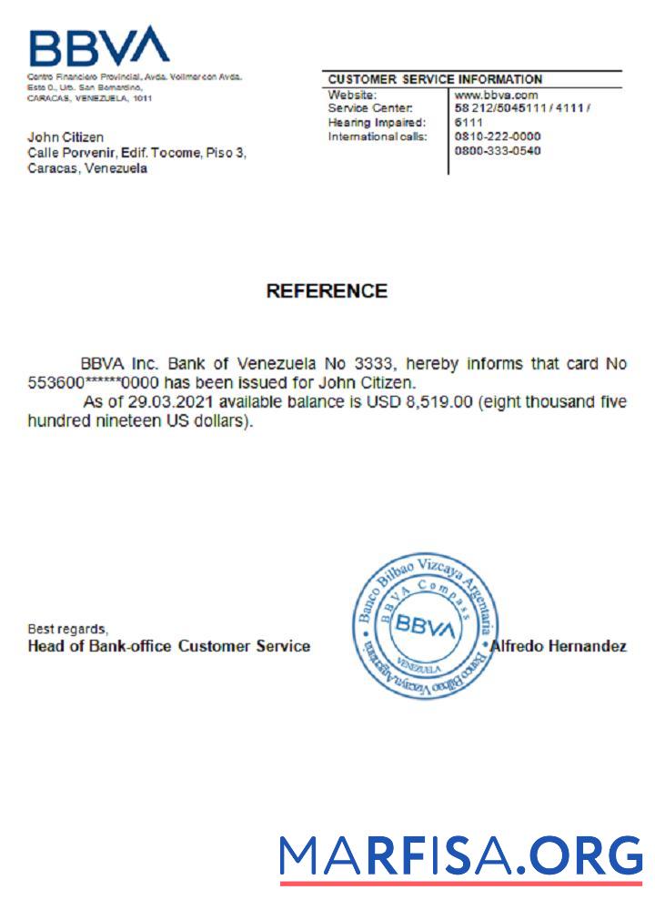 Downloadable Venezuela BBVA bank reference sample